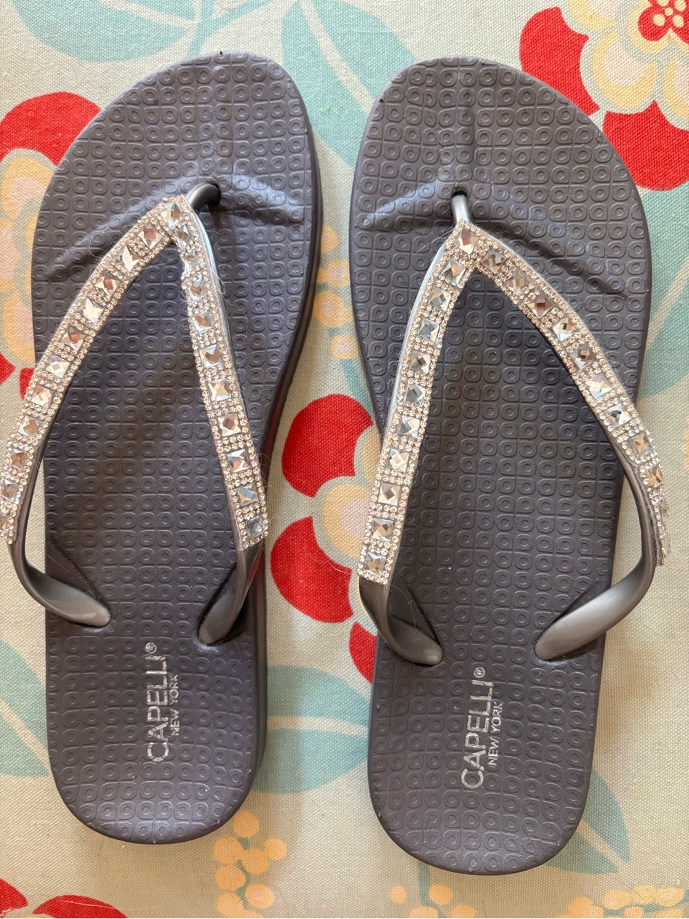 Capelli of New York Gray Flip Flop Sandals with Rhinestone-Straps